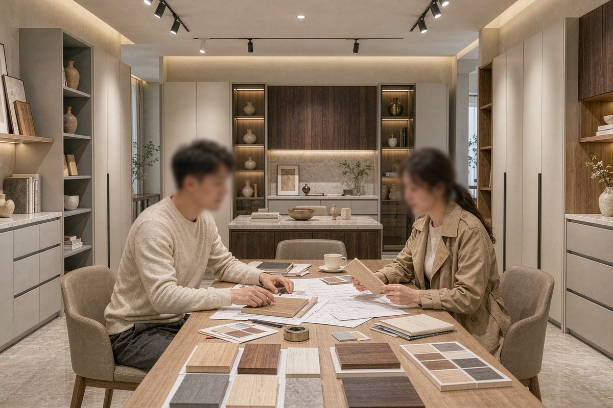 展厅内设计师与客户在桌前翻看板材样品