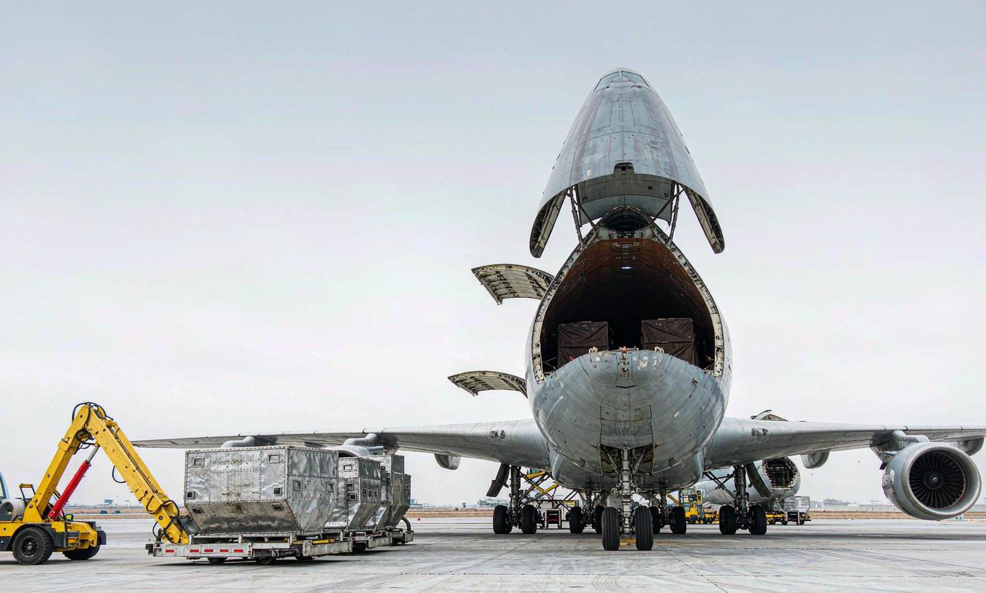 Air cargo containers loaded at the airport